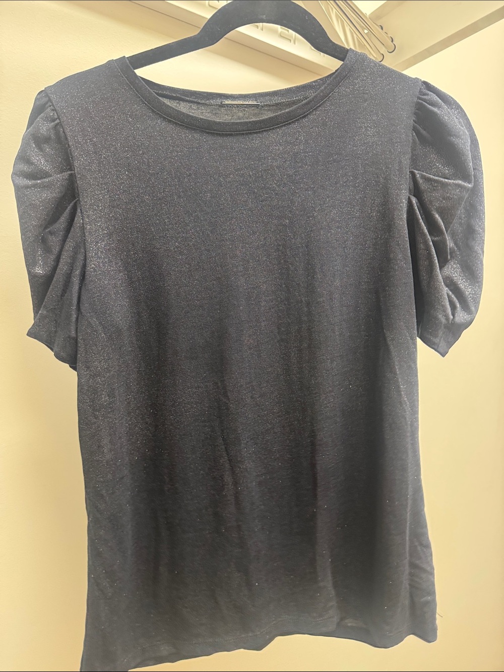 Elie Tahari Black Shimmer Puff-Sleeve Tee MEDIUM